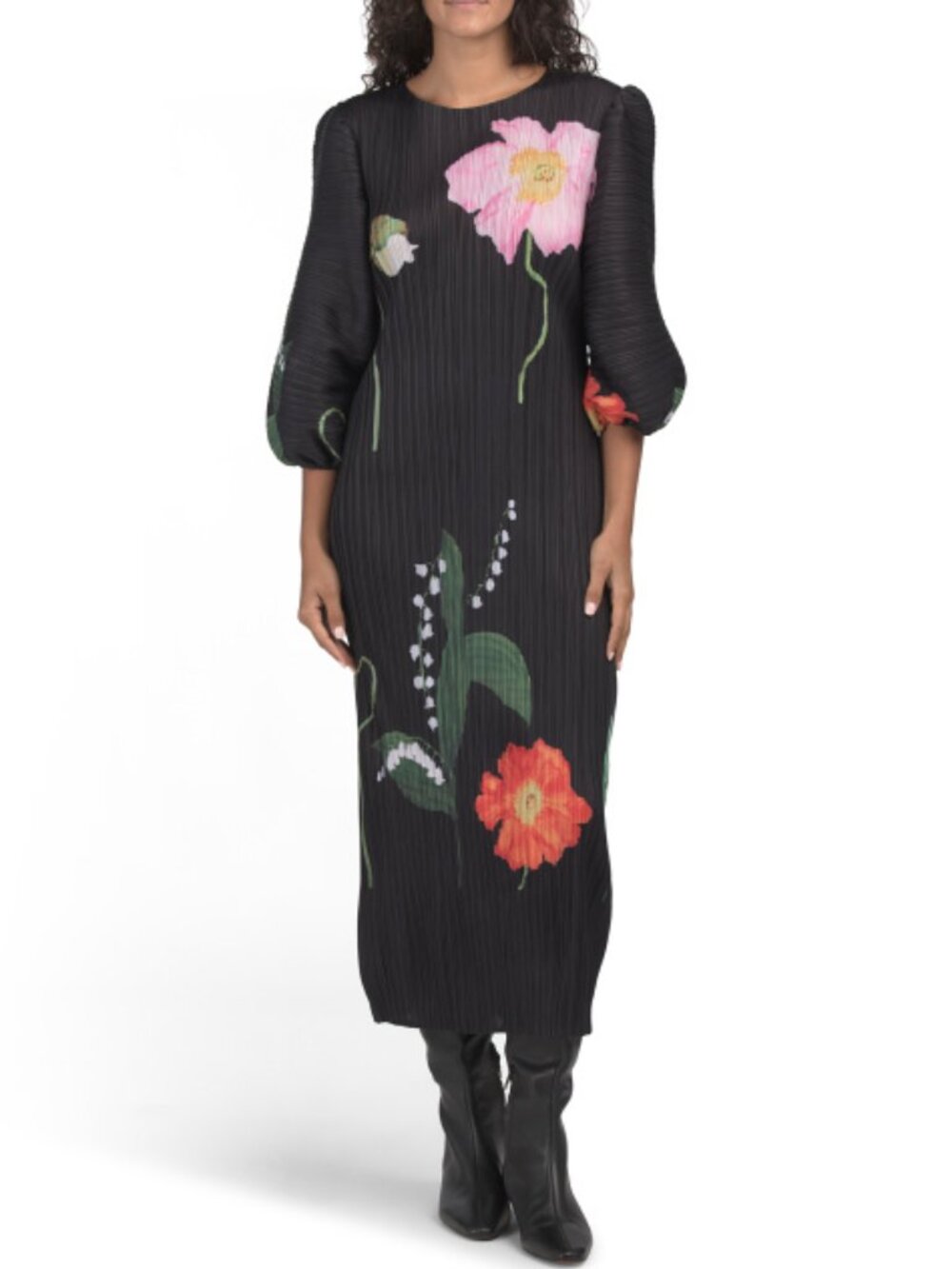 NANCY YANG Floral Crinkle Midi Dress